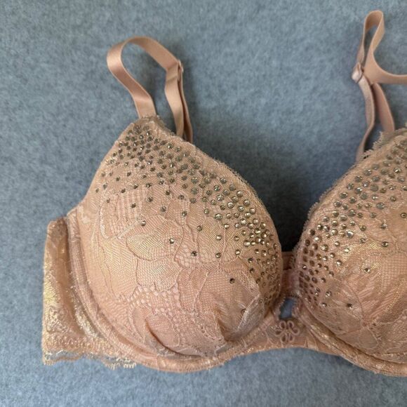 Victoria's Secret 36C Lace Underwire Plunge‎ Bra Rhinestones Tan Cream Gold Sexy - Picture 2 of 12